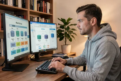 Développeur informatique consultant des graphiques de conversion mégaoctets et gigaoctets sur deux écrans dans un bureau moderne