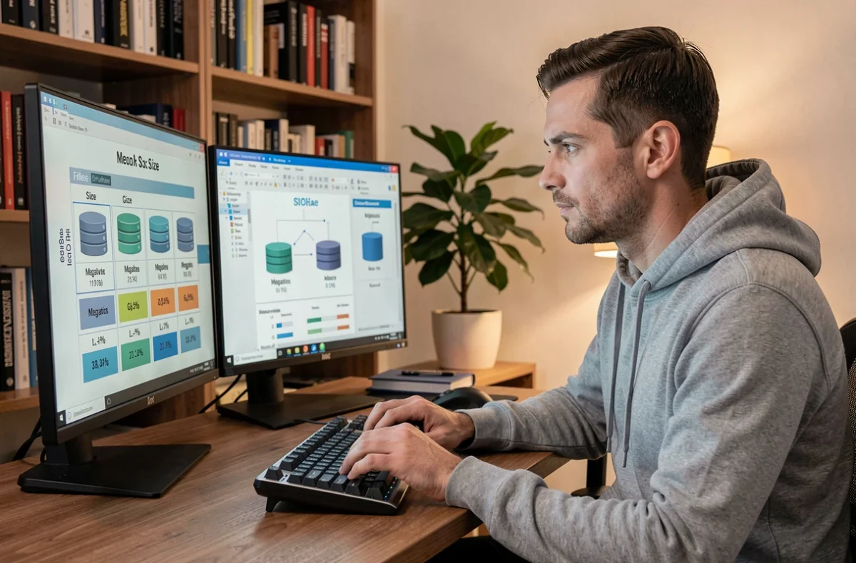 Développeur informatique consultant des graphiques de conversion mégaoctets et gigaoctets sur deux écrans dans un bureau moderne
