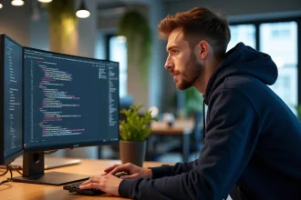 Développeur web corrigeant des bugs d'alignement CSS sur un grand écran ultrawide dans un bureau moderne