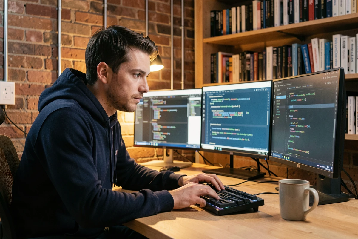 Développeur configurant un hébergeur FiveM clé en main sur plusieurs écrans dans un bureau moderne