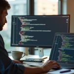 Développeur web travaillant sur un ordinateur portable dans un bureau lumineux