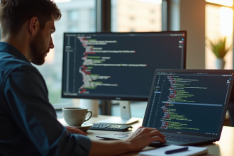 Développeur web travaillant sur un ordinateur portable dans un bureau lumineux