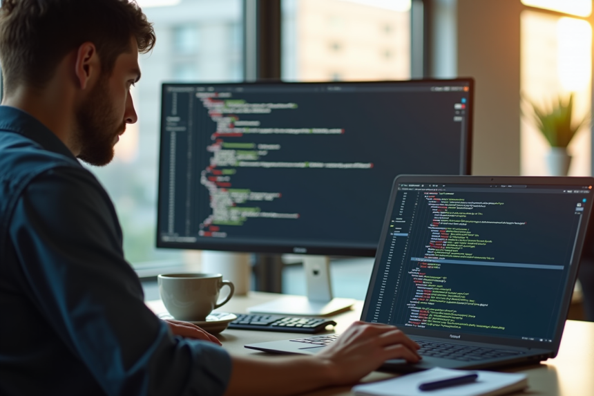 Développeur web travaillant sur un ordinateur portable dans un bureau lumineux