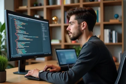 Développeur web concentré écrivant du code HTML pour son portfolio sur un bureau en bois avec moniteur affichant du code coloré