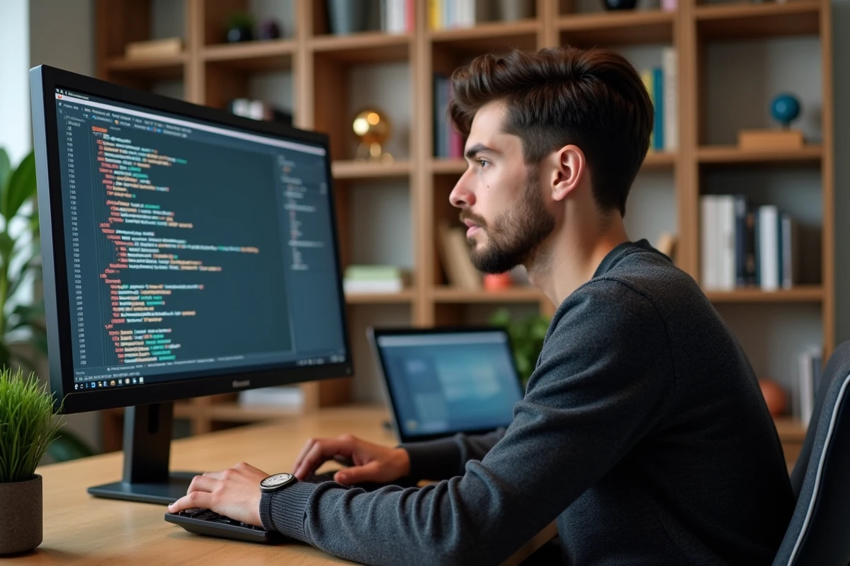 Développeur web concentré écrivant du code HTML pour son portfolio sur un bureau en bois avec moniteur affichant du code coloré