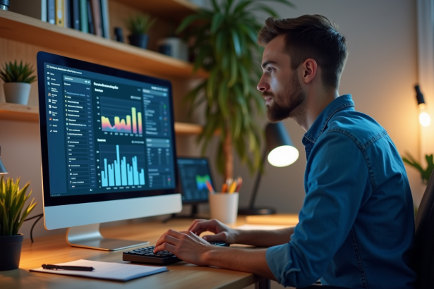 Jeune developpeur web analysant un tableau de bord de performance