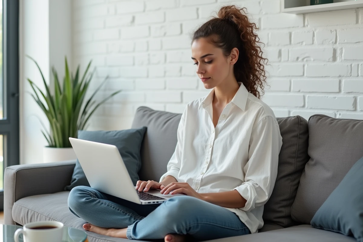 Développeuse freelance travaillant sur les sections HTML de son portfolio web depuis son salon avec un laptop moderne