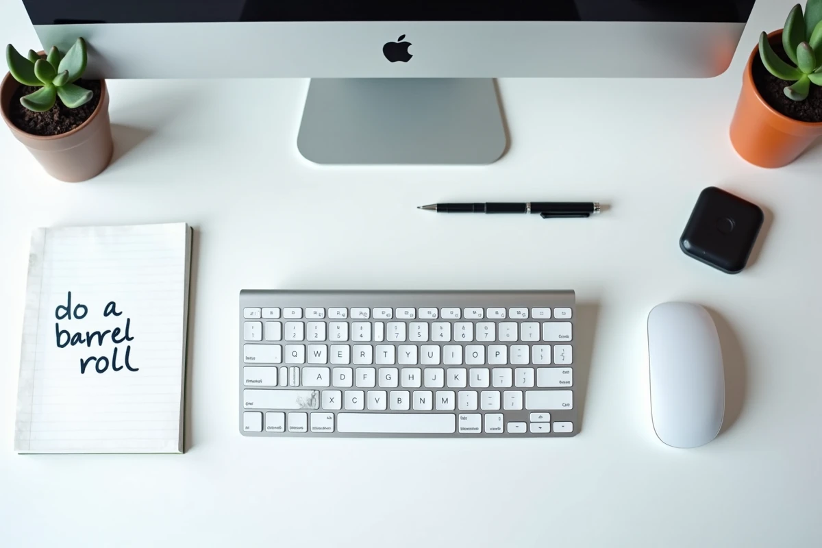 Vue de dessus d'un bureau avec clavier, souris et écran affichant Google avec l'easter egg do a barrel roll