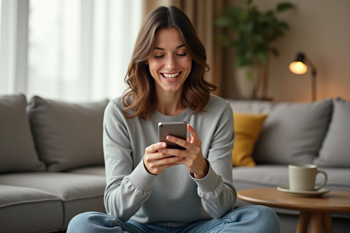 Femme souriante découvrant l'effet barrel roll sur Google depuis son smartphone dans un salon