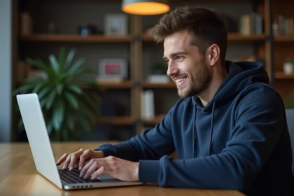 Jeune homme tapant 'do a barrel roll' sur Google depuis un bureau à domicile avec un laptop ouvert