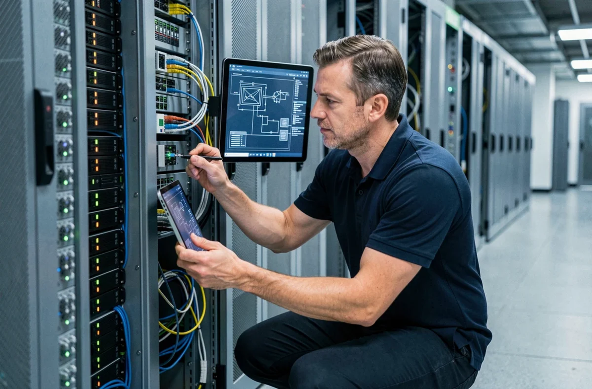 Ingénieur Dropteam intégrant des équipements de sécurité réseau dans une infrastructure datacenter moderne