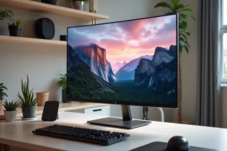 Écran OLED incurvé 1440p sur un bureau minimaliste en bois affichant un paysage naturel ultra-détaillé avec des couleurs vives et des noirs profonds