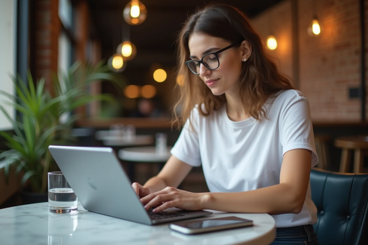 Jeune femme travaillant sur un fichier Word converti depuis un PDF sur une tablette dans un café urbain moderne