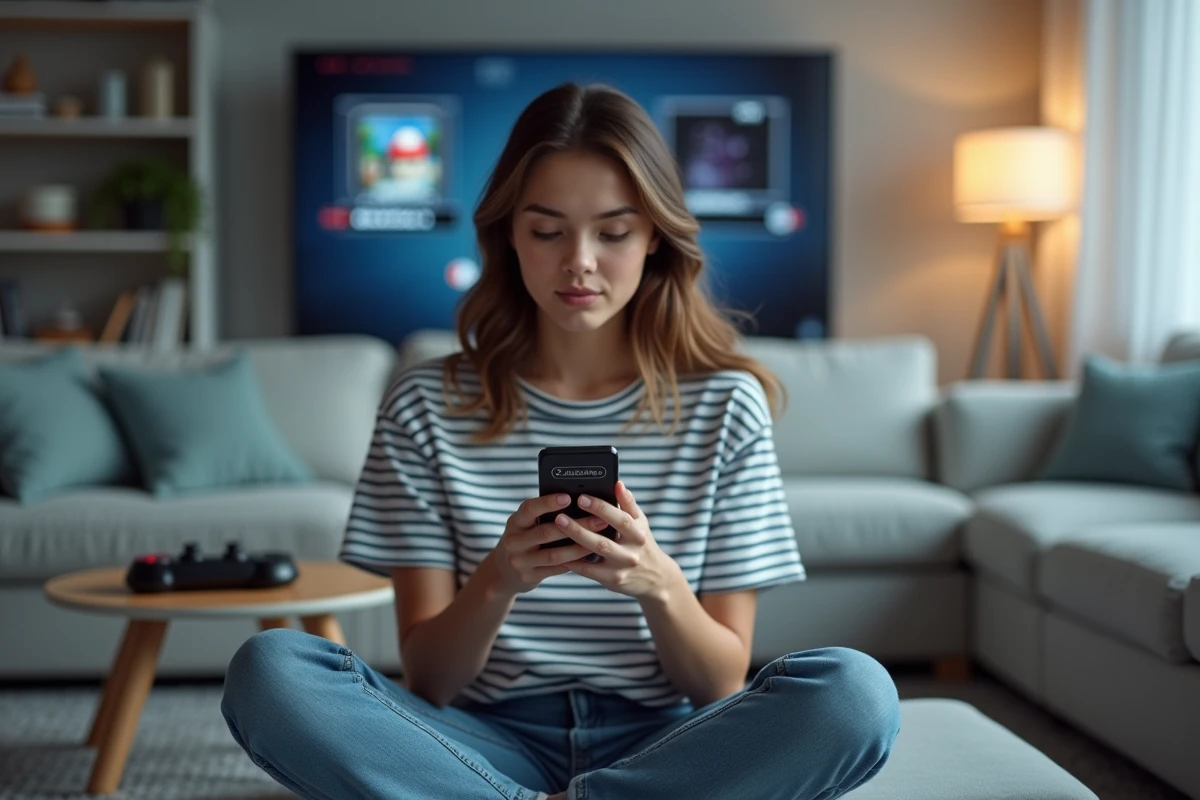 Jeune femme utilisant un émulateur Pokémon Émeraude sur smartphone dans un salon moderne