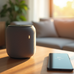 Enceinte connectée avec indicateur d'erreur lumineux dans un salon lumineux