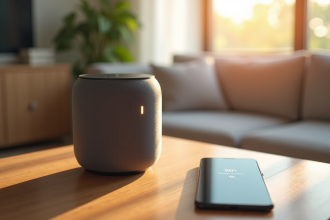 Enceinte connectée avec indicateur d'erreur lumineux dans un salon lumineux