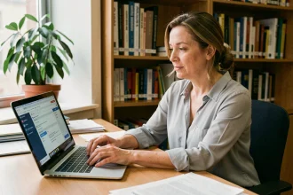 Enseignante consultant sa messagerie académique mail ac montpellier sur un ordinateur portable dans un bureau universitaire