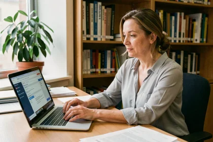 Enseignante consultant sa messagerie académique mail ac montpellier sur un ordinateur portable dans un bureau universitaire