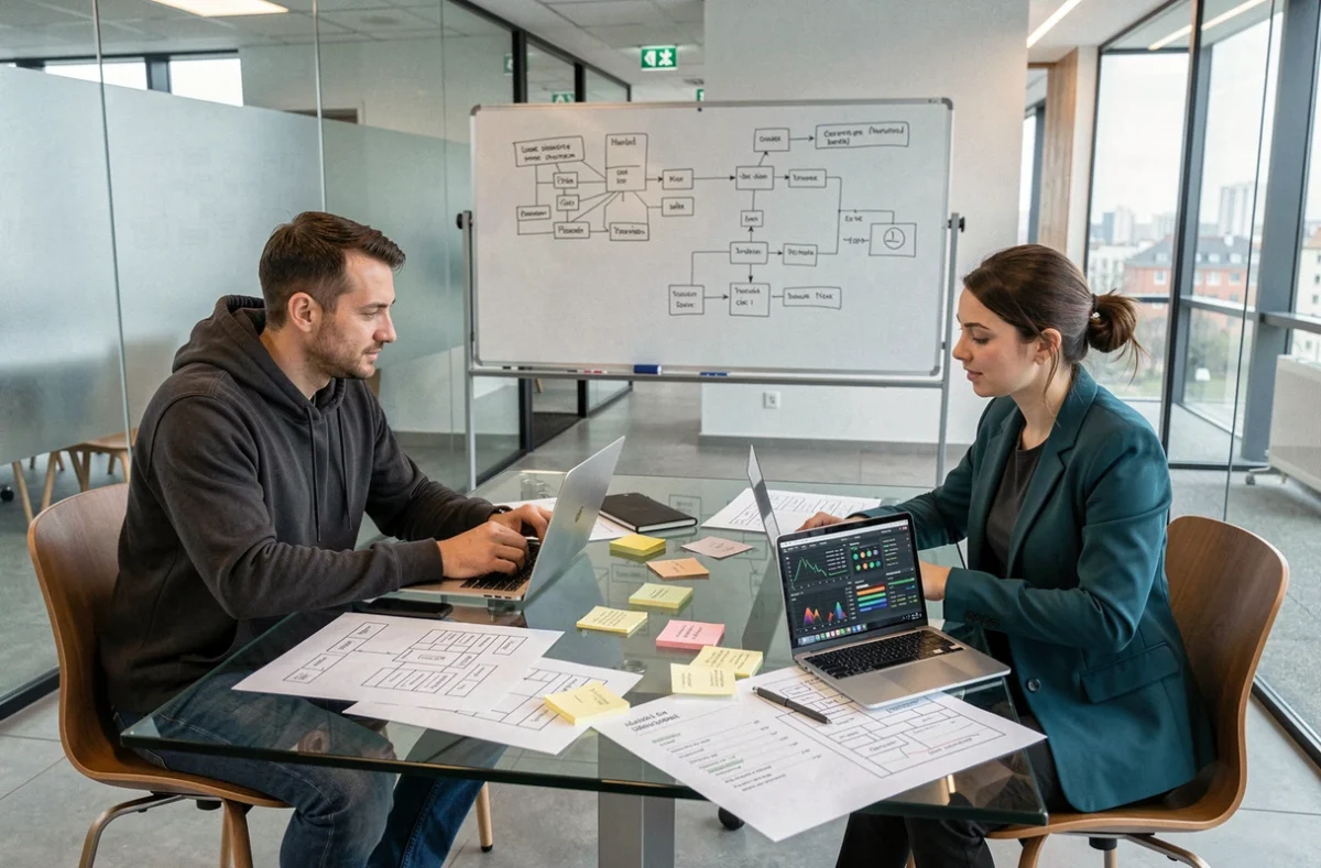 Équipe de développeurs roumains collaborant sur l'architecture d'une application mobile sur mesure pour l'industrie dans une salle de réunion moderne