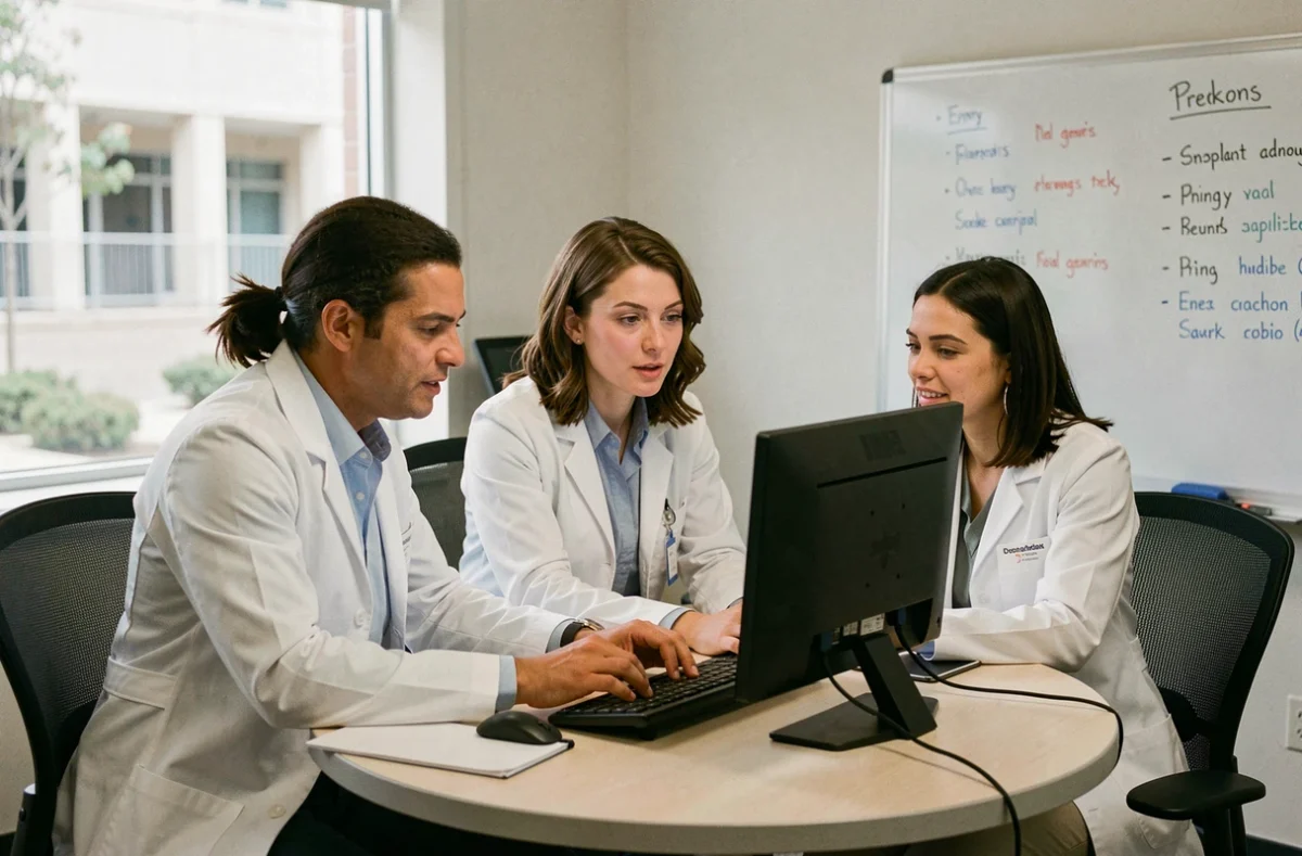 Équipe soignante du CHU de Reims collaborant sur la messagerie Zimbra lors d'une réunion dans une salle hospitalière
