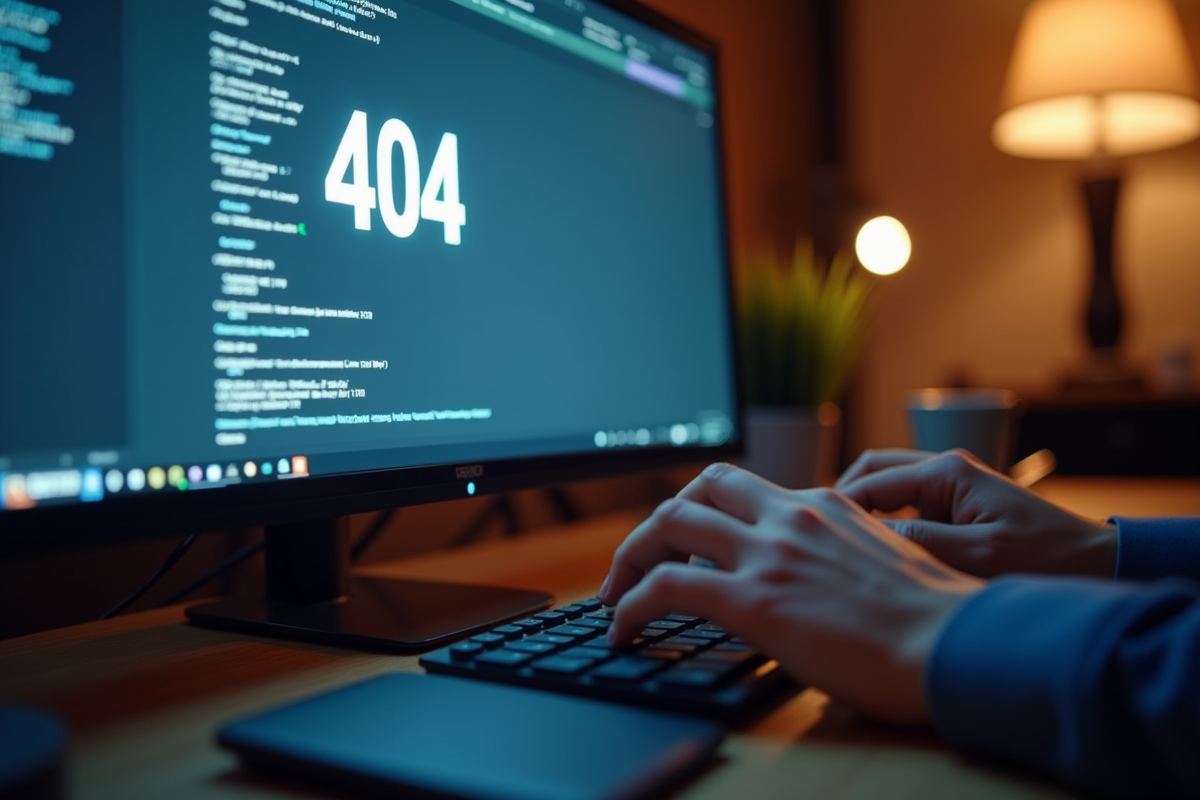 Gros plan sur un écran affichant une page 404 avec clavier en premier plan