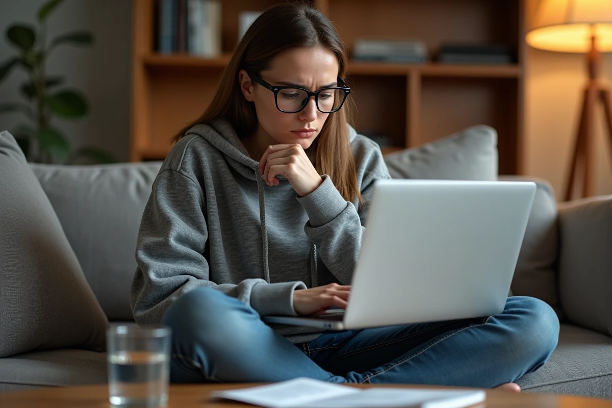Femme frustrée face à un message d'erreur lors de l'installation de Windows 7 sur son ordinateur portable