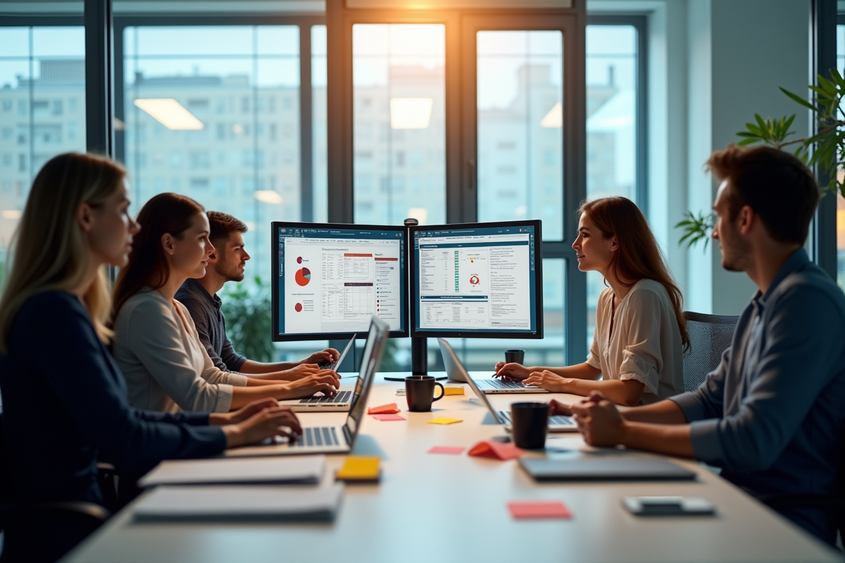 Espace de travail moderne avec équipe collaborant