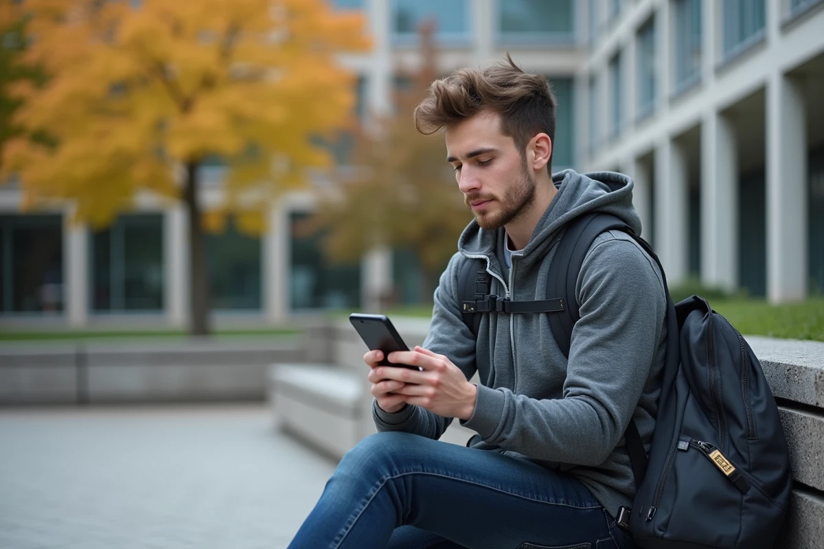 Étudiant consultant une erreur de connexion au webmail de l'université sur son smartphone dans la cour du campus
