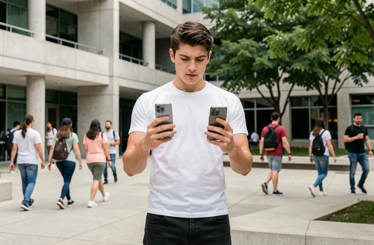 Étudiant comparant deux modèles d'iPhone dans une cour de campus universitaire moderne