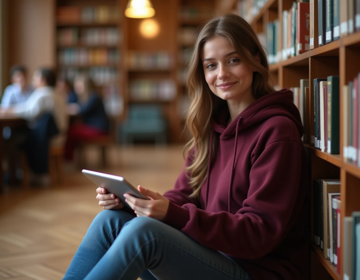 Étudiante ajoutant un site d'étude en favori sur sa tablette dans une bibliothèque universitaire
