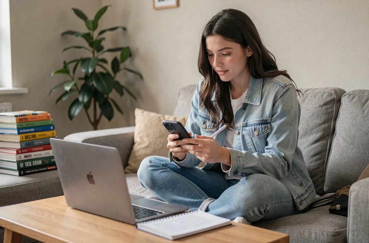 Étudiante prenant des notes sur iPhone dans son appartement avec un ordinateur portable ouvert pour ses études