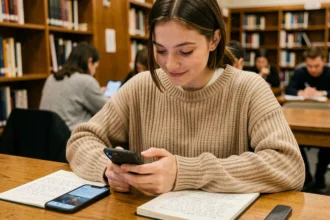 Étudiante utilisant un iPhone sur son bureau dans une bibliothèque universitaire pour ses révisions en 2026