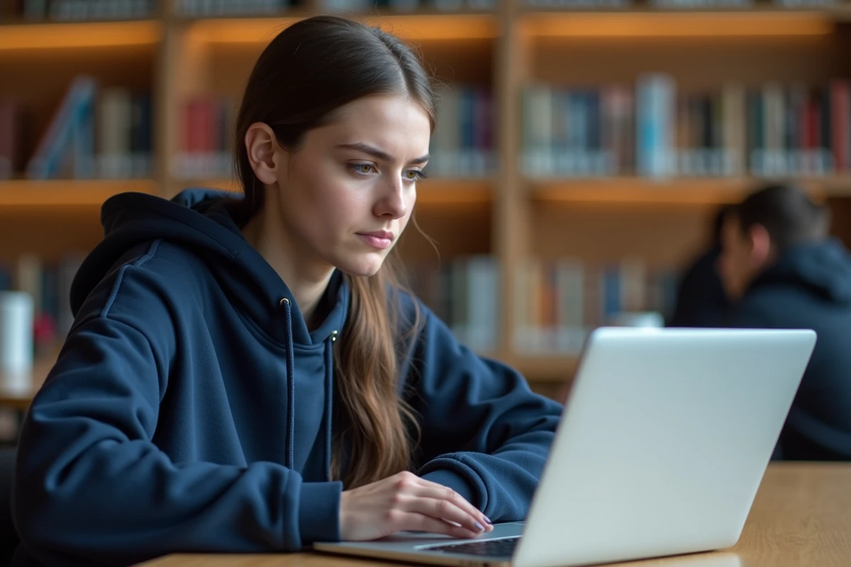 Étudiante frustrée face à une erreur de connexion sur le webmail de l'université Nantes sur son ordinateur portable en bibliothèque