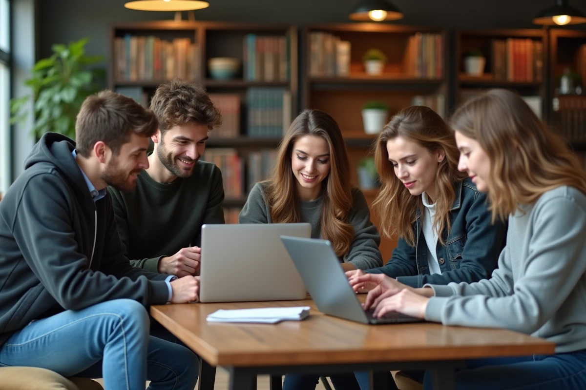Groupe d'étudiants collaborant dans un lounge moderne