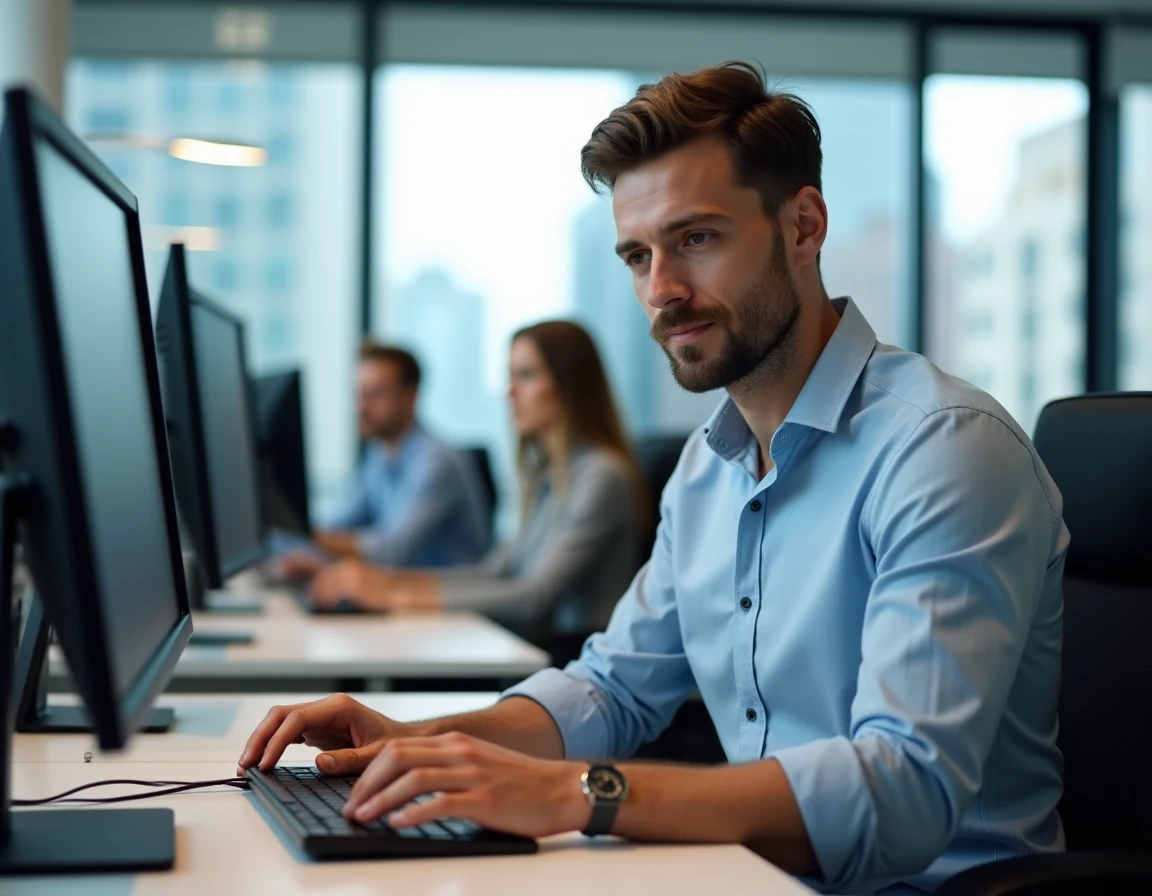 Homme en open space utilisant un raccourci clavier pour mettre en favori un site de travail sur son ordinateur
