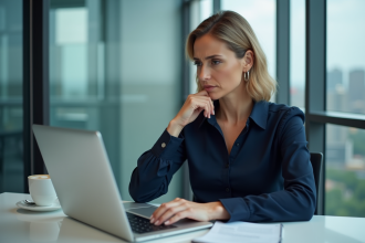 Femme d'affaires au bureau avec ordinateur et vue urbaine