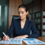Femme d affaires en costume bleu dans un bureau moderne