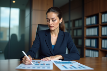 Femme d affaires en costume bleu dans un bureau moderne