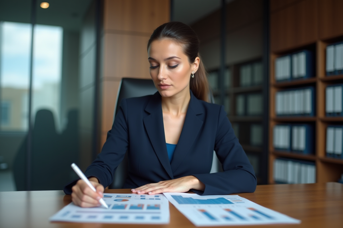 Femme d affaires en costume bleu dans un bureau moderne