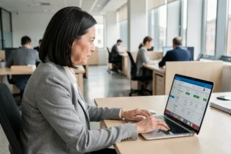 Femme utilisant un portail de compte en ligne sur un ordinateur portable dans un bureau moderne pour obtenir de l'aide officielle