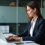 Femme d'affaires analysant un tableau de bord dans un bureau moderne