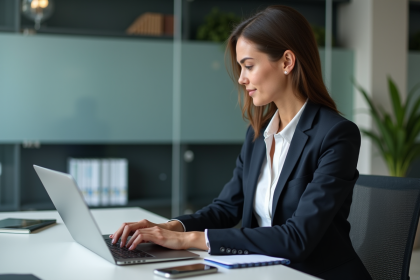 Femme d'affaires analysant un tableau de bord dans un bureau moderne