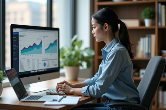 Jeune femme analysant des données SEO sur un bureau moderne