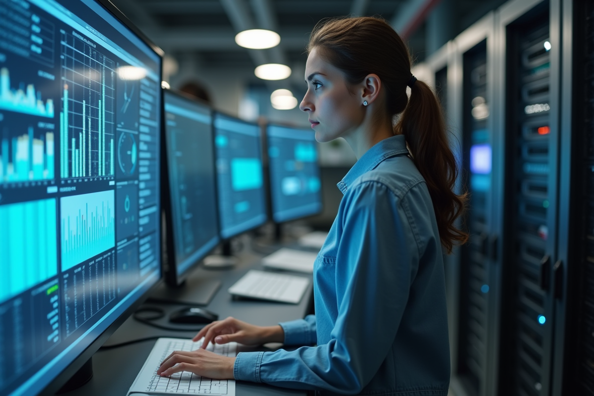 Jeune femme analysant des rapports numériques dans un espace hightech