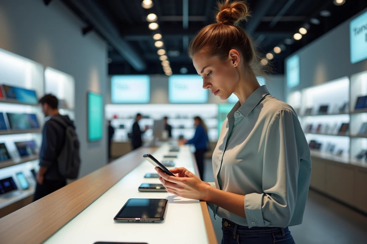 Femme inspectant un smartphone dans un magasin d