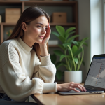Jeune femme concentrée travaillant sur son ordinateur à domicile