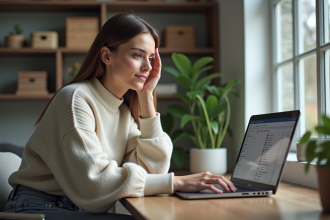 Jeune femme concentrée travaillant sur son ordinateur à domicile