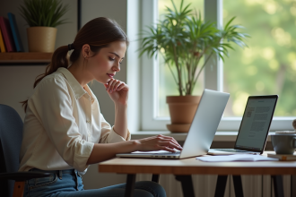 Femme concentrée à son bureau comparant documents