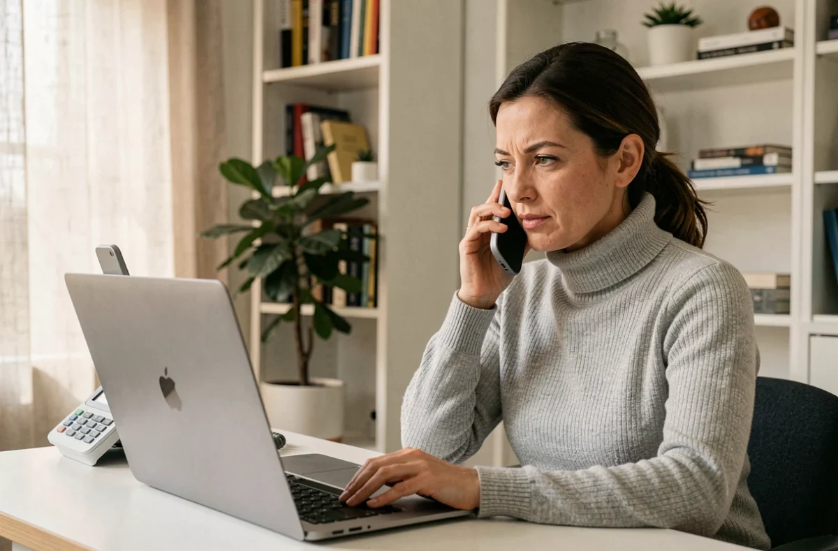 Femme professionnelle évaluant un téléphone IP Ericsson dans un bureau à domicile moderne pour choisir le meilleur rapport qualité-prix en 2026
