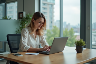 Femme au bureau moderne travaillant sur son ordinateur portable